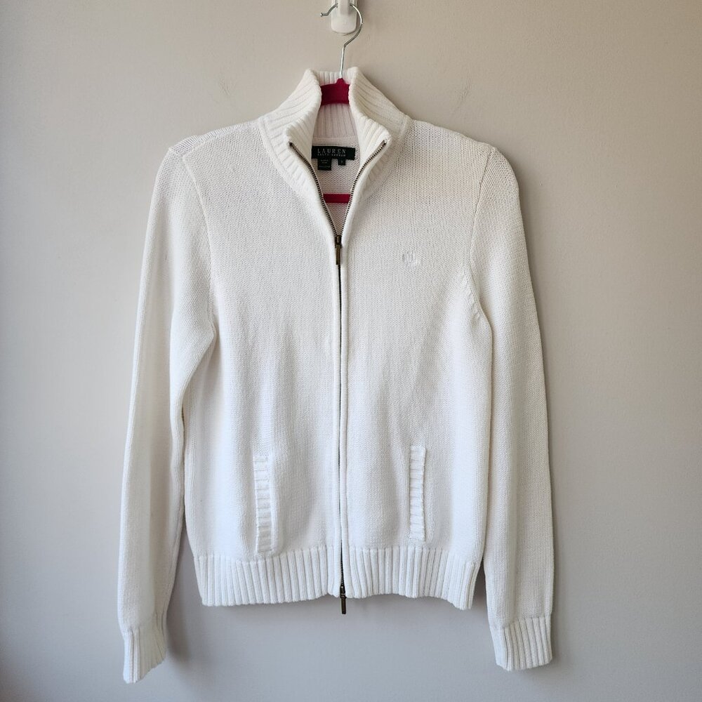 Ralph Lauren Full Zip Cardigan Sweater | Women's Small | Cotton White, Pockets